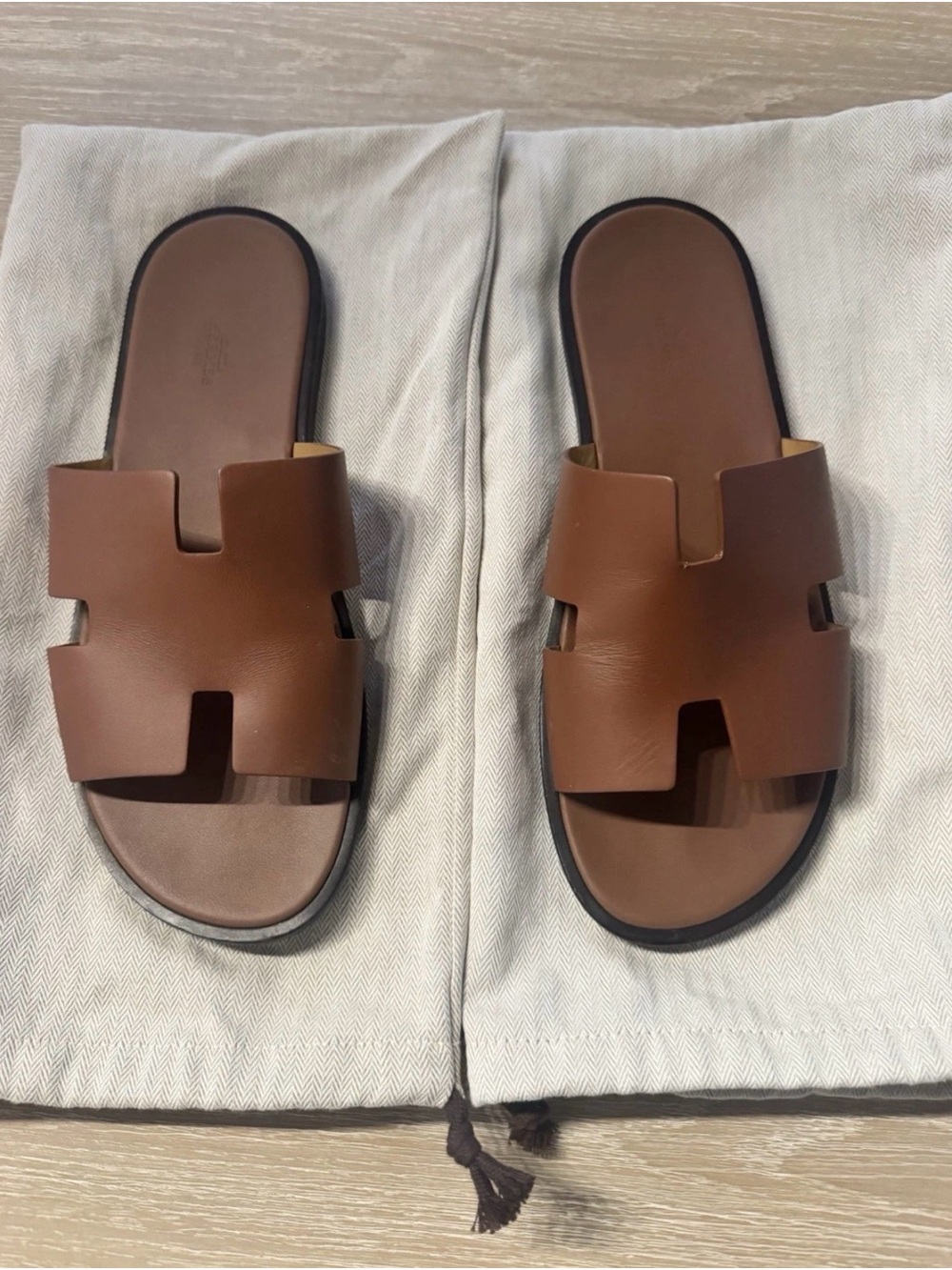 Hermes Brown Oran Leather Slide Sandals